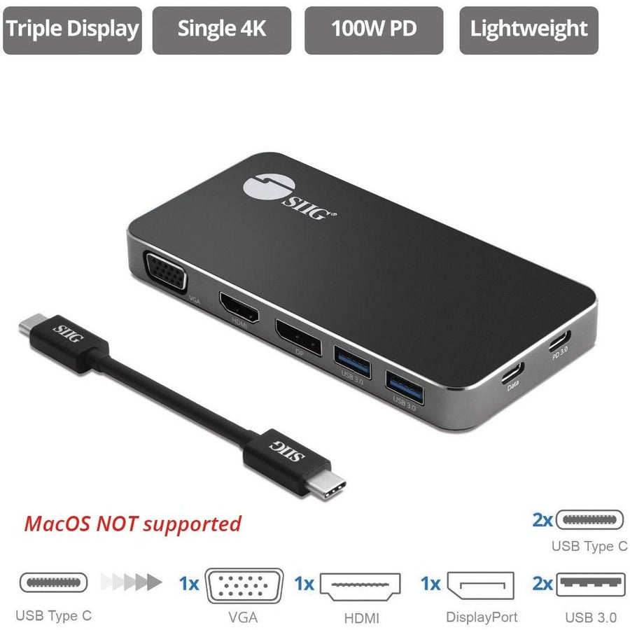 SIIG Triple Display USB-C MST Video Travel Docking with 100W PD Pass Through JU-DK0D11-S1