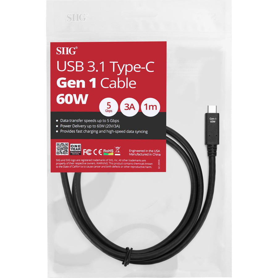 SIIG USB 3.1 Type-C Gen 1 Cable 60W - 1M CB-TC0D11-S1