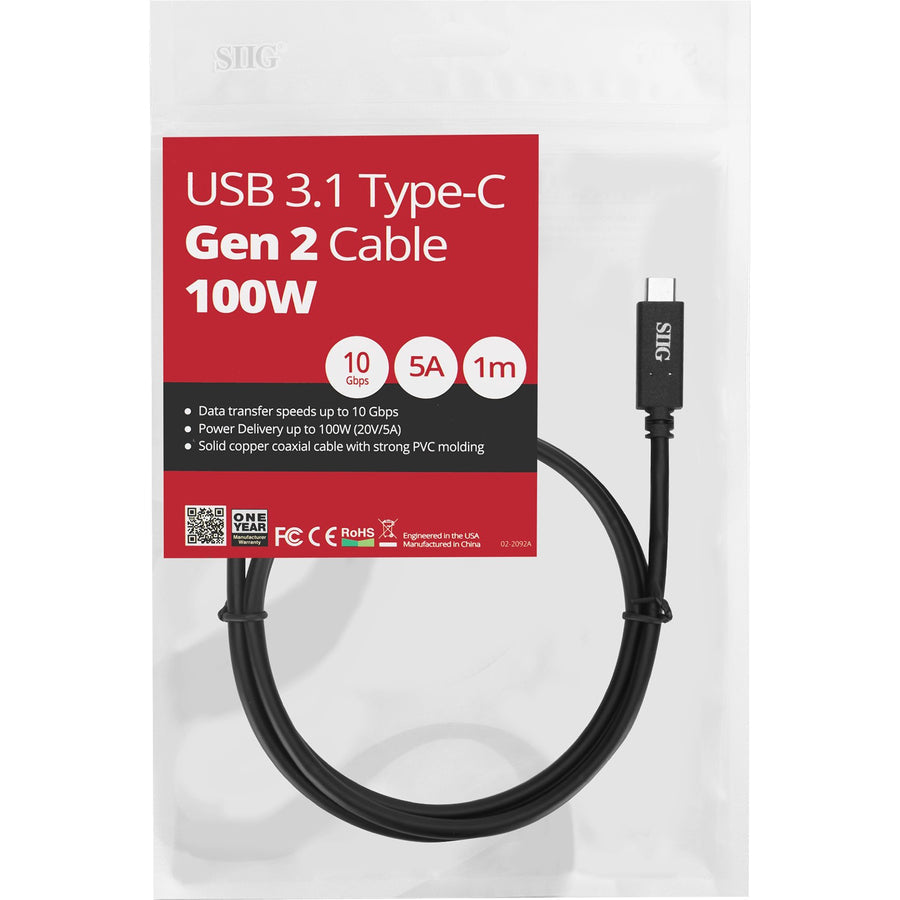 SIIG USB 3.1 Type-C Gen 2 Cable 100W - 1M CB-TC0F11-S1
