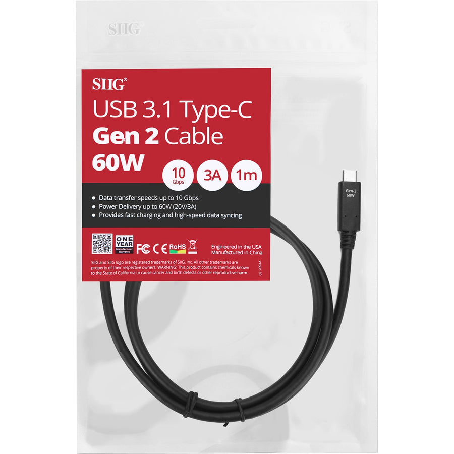 SIIG USB 3.1 Type-C Gen 2 Cable 60W - 1M CB-TC0E11-S1