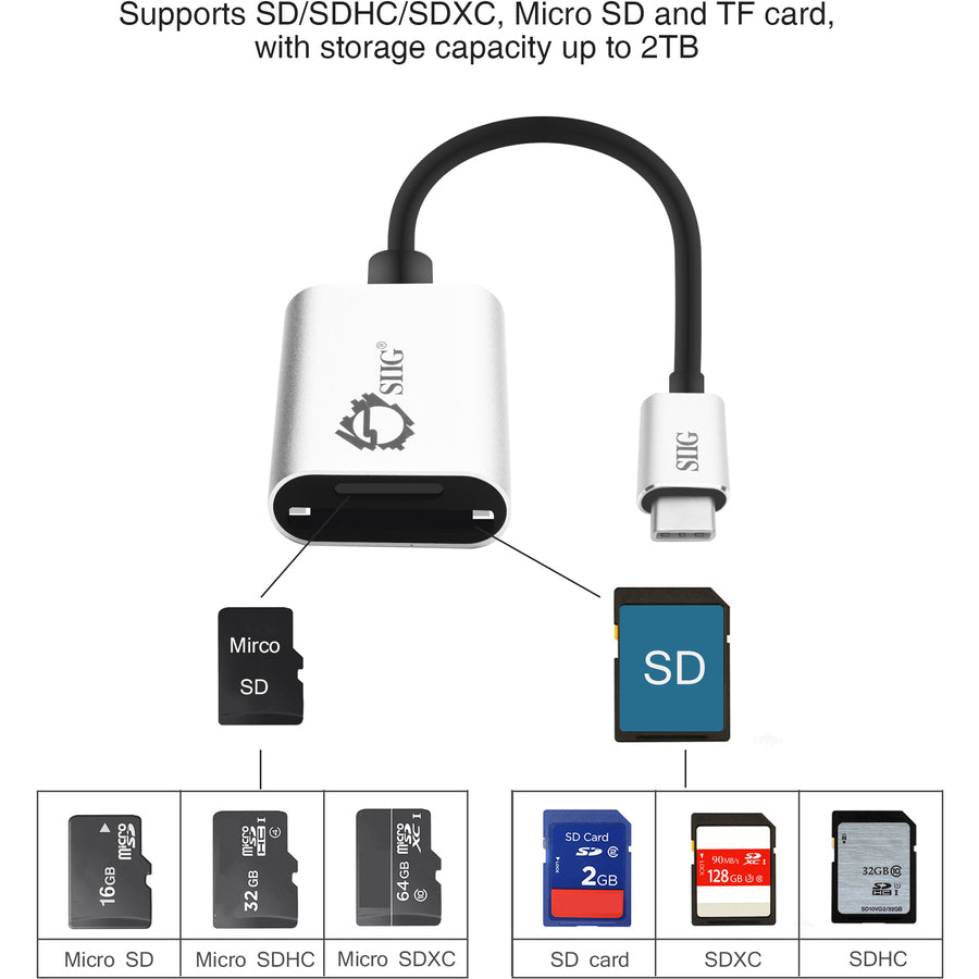SIIG USB-C 2-in-1 Card Reader for SD & Micro SD - Silver JU-MR0F12-S1