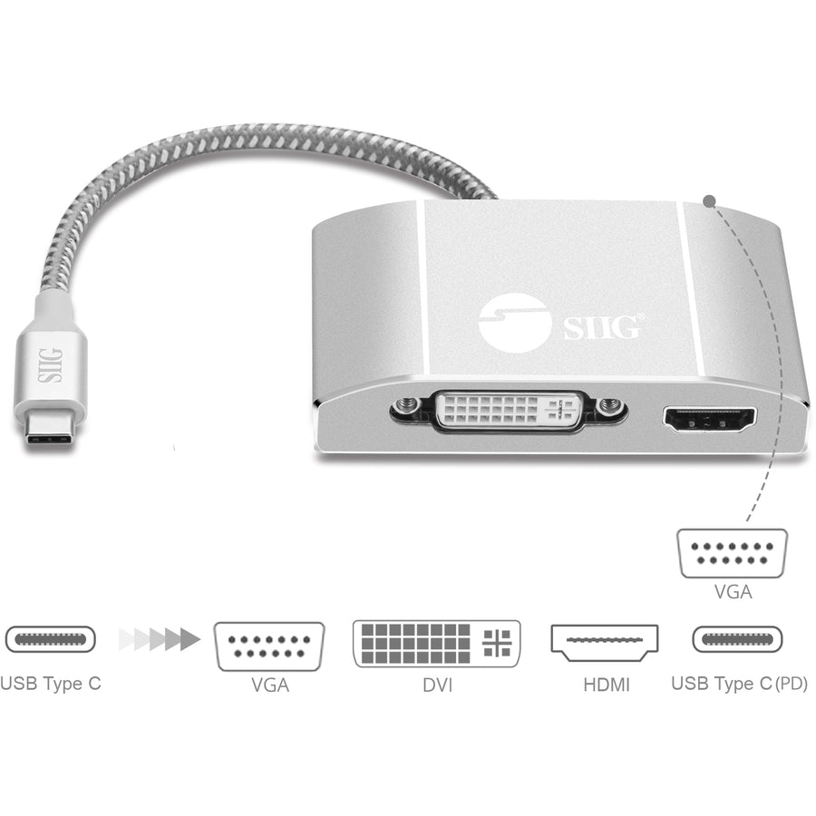 SIIG USB-C to 3-in-1 Multiport Video Adapter with PD Charging - DVI/HDMI/VGA CB-TC0911-S1