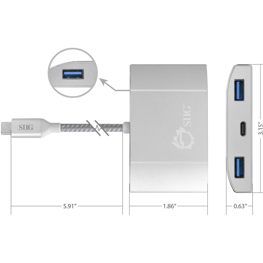SIIG USB-C to 4-Port USB 3.0 Hub with PD Charging - 3A/1C JU-H30C11-S1