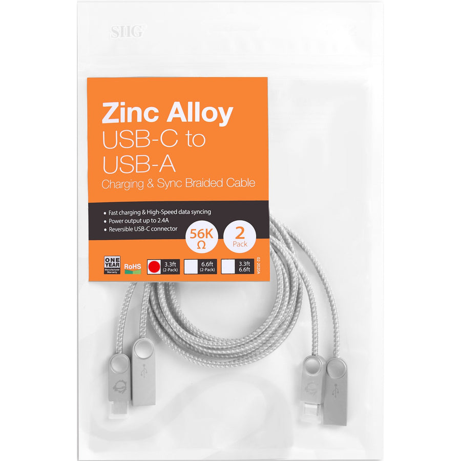 SIIG Zinc Alloy USB-C to USB-A Charging & Sync Braided Cable - 3.3ft, 2-Pack CB-US0M11-S1