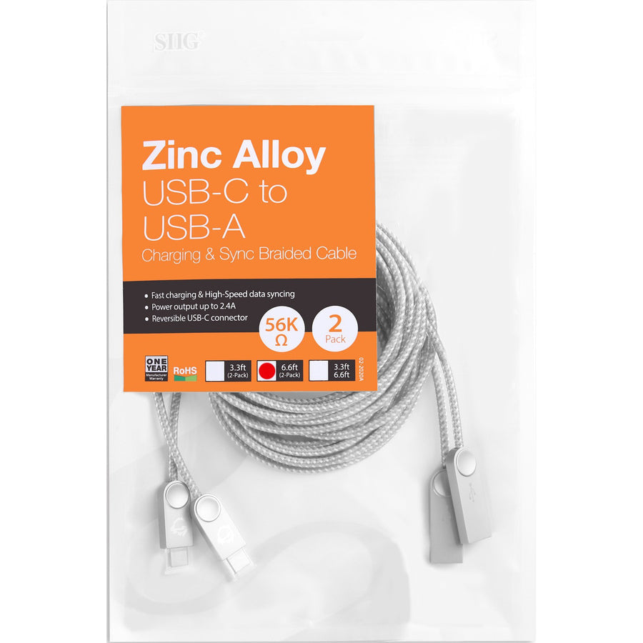 SIIG Zinc Alloy USB-C to USB-A Charging & Sync Braided Cable - 6.6ft, 2-Pack CB-US0N11-S1