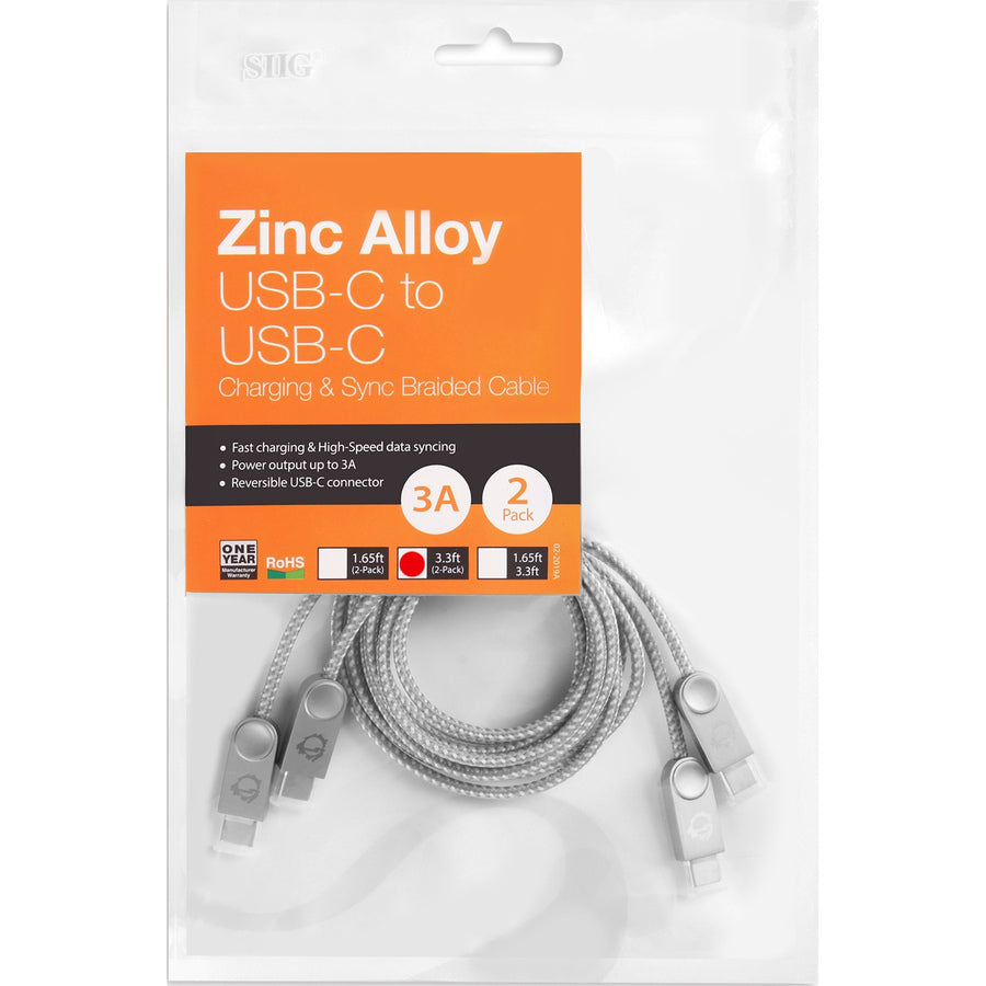 SIIG Zinc Alloy USB-C to USB-C Charging & Sync Braided Cable - 3.3ft, 2-Pack CB-US0L11-S1