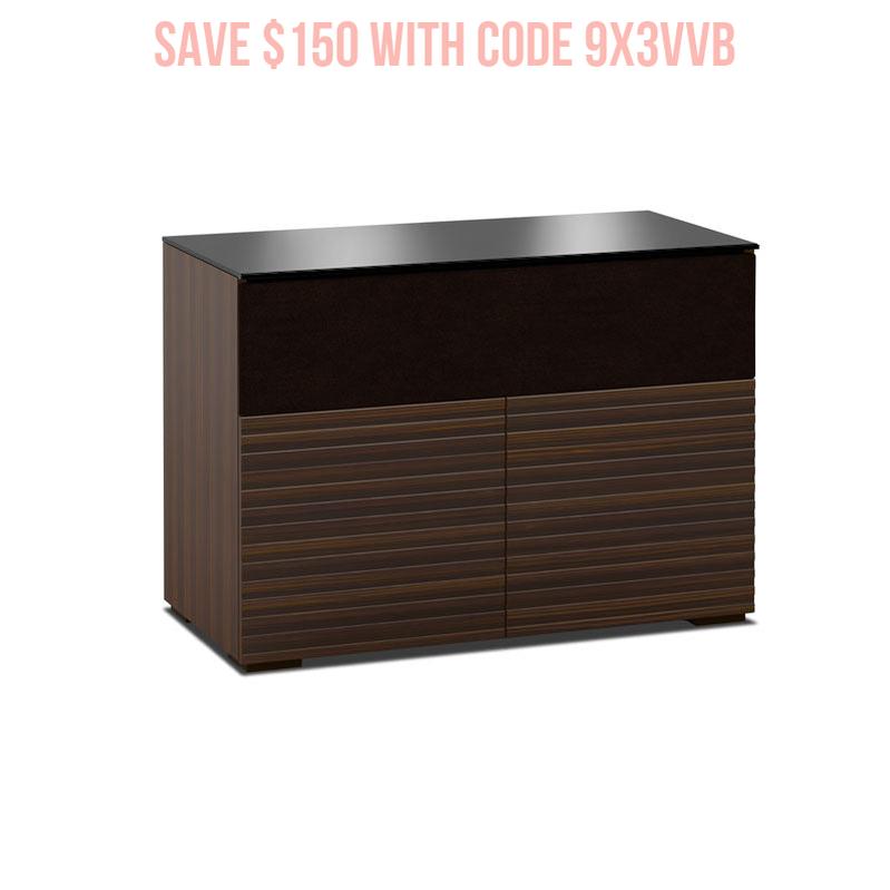 Salamander Barcelona 329 Corner AV Cabinet – Natural Walnut, Black Glass, Ventilated Storage