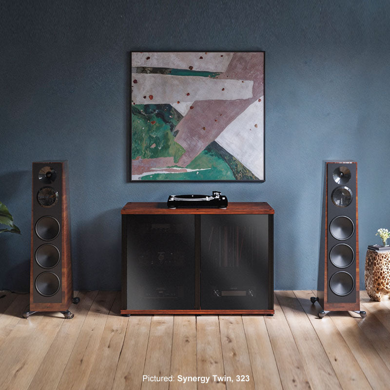 Salamander Synergy 323 Single Box AV Cabinet – American Cherry, Black Glass, Aluminum Posts
