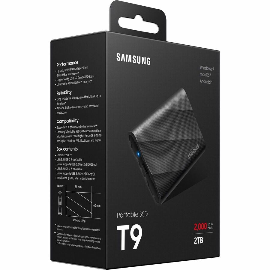 Samsung T9 2 TB Portable Solid State Drive - External - Black - Desktop PC, Notebook,