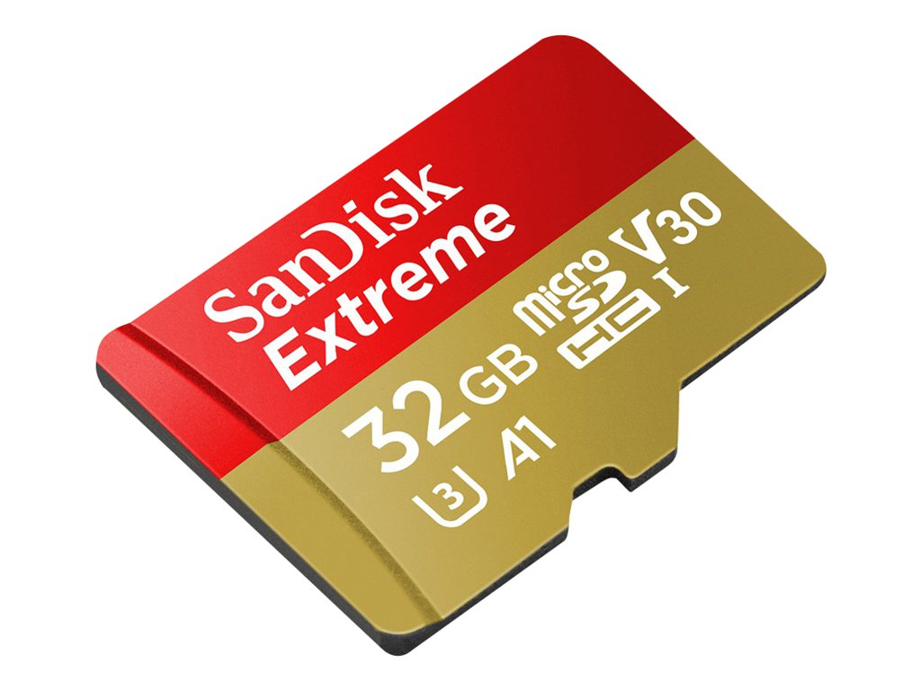 SanDisk Extreme - Flash memory card (microSDHC to SD adapter included) - 32 GB - A1 / Video Class V30 / UHS-I U3 / Class10 - SDSQXAF-032G-GN6MA