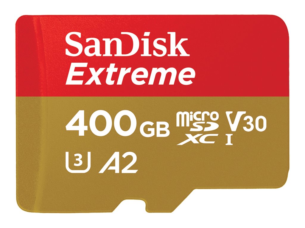 SanDisk Extreme - Flash memory card (microSDXC to SD adapter included) - 400 GB - A2 / Video Class V30 / UHS-I U3 - microSDXC SDSQXAV-400G-AN6MA