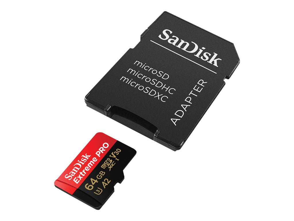 SanDisk Extreme Pro - Flash memory card (microSDXC to SD adapter included) - 64 GB - A2 / Video Class V30 / UHS-I U3 /
