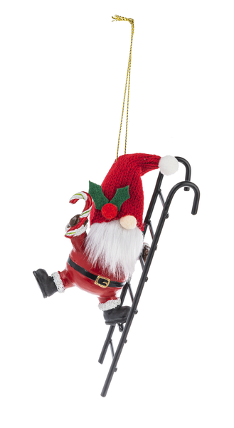 Santa Gnome on Ladder Ornament/Pot Percher - Candy Cane