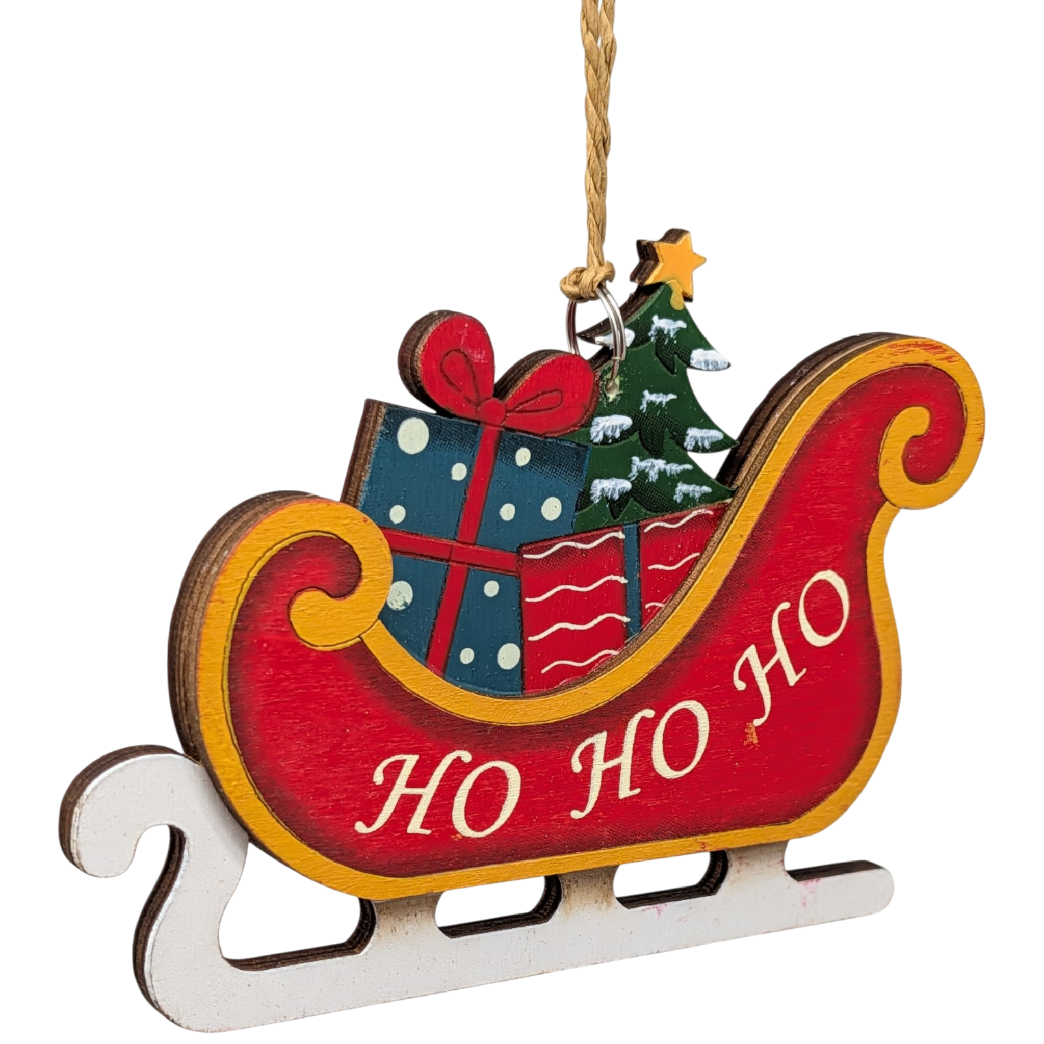 Santa's Sleigh of Wonders: Hand-Painted Plywood Ornament