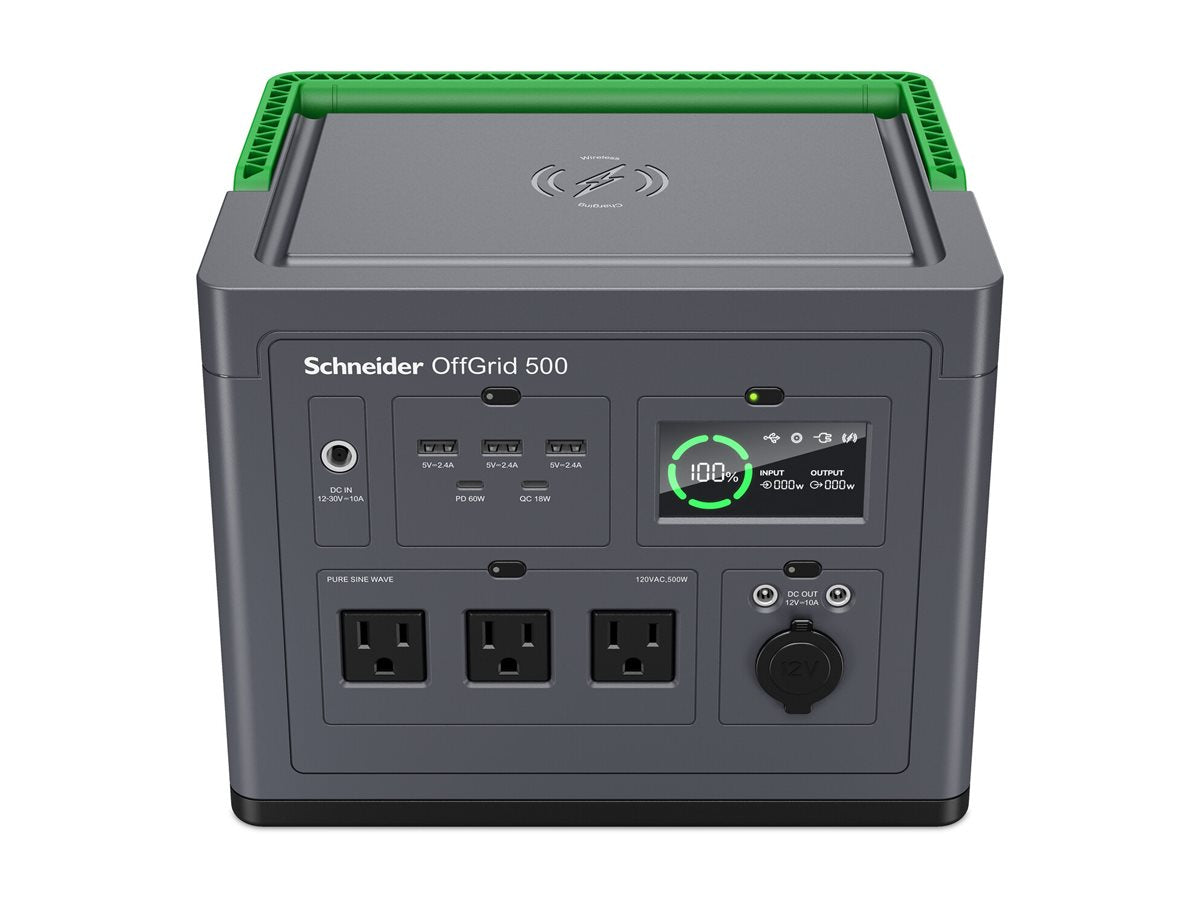 Schneider OffGrid 500 - Portable power station - LCD, NEMA, sinewave, 3 USB-A, 2 USB-C, wireless charger - AC 120 / DC