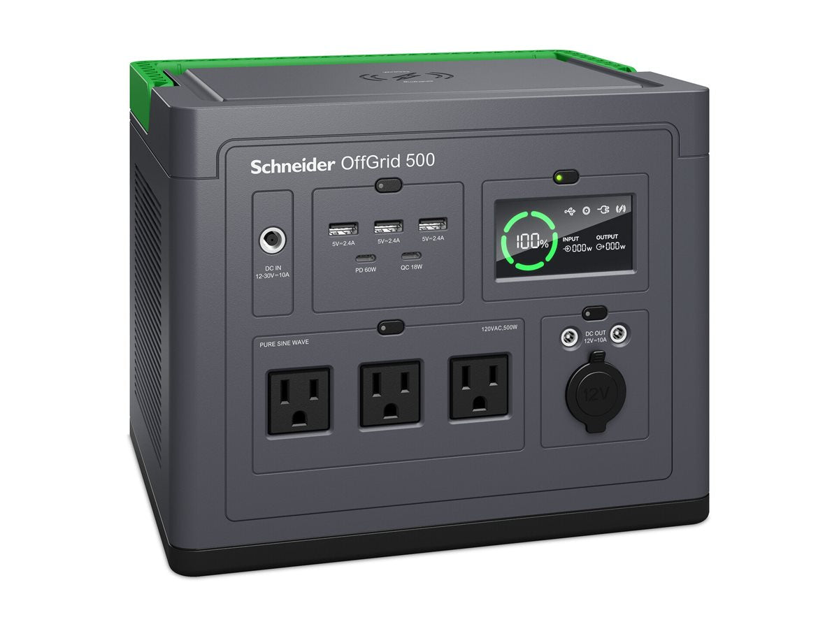 Schneider OffGrid 500 - Portable power station - LCD, NEMA, sinewave, 3 USB-A, 2 USB-C, wireless charger - AC 120 / DC