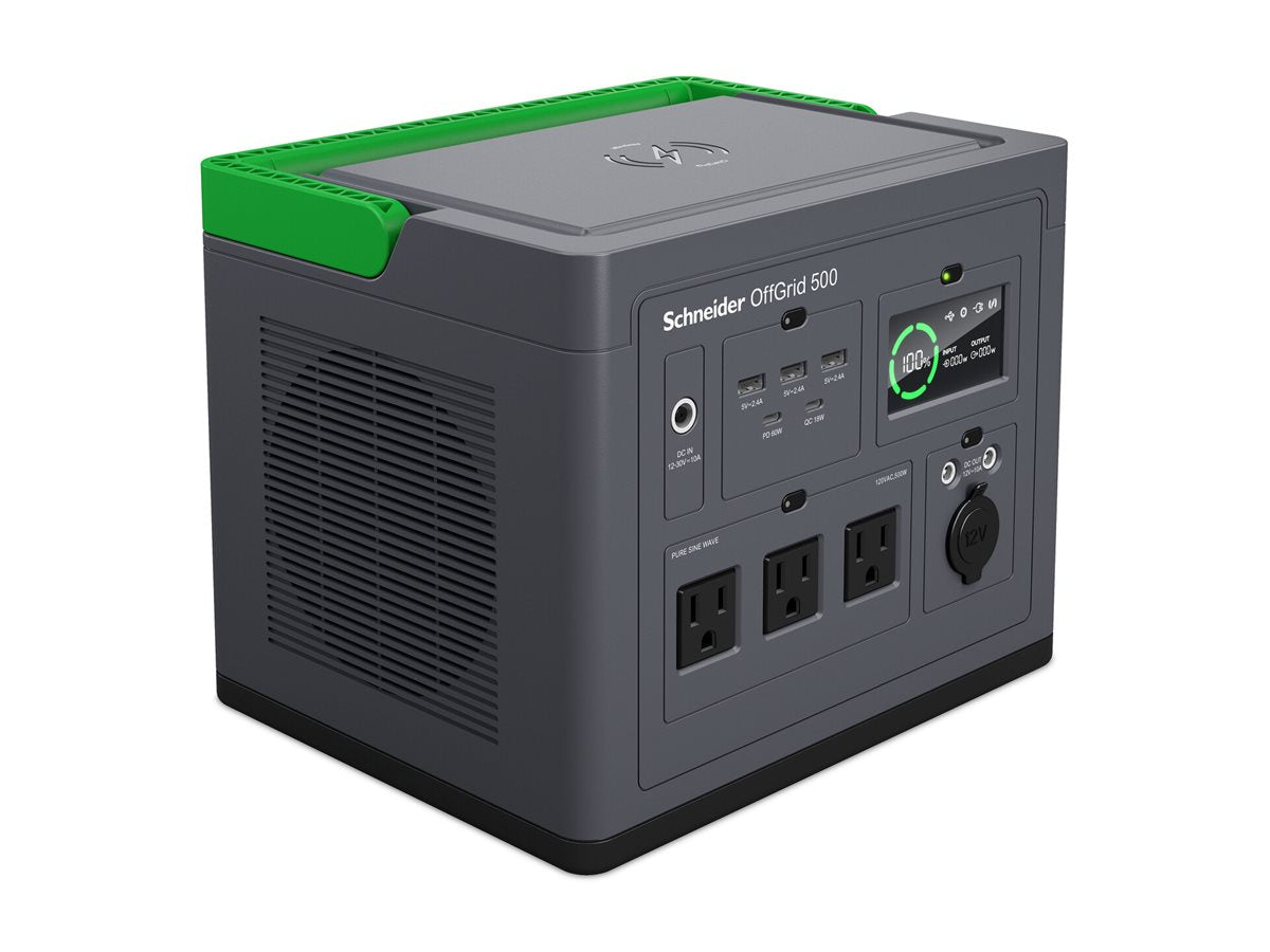 Schneider OffGrid 500 - Portable power station - LCD, NEMA, sinewave, 3 USB-A, 2 USB-C, wireless charger - AC 120 / DC