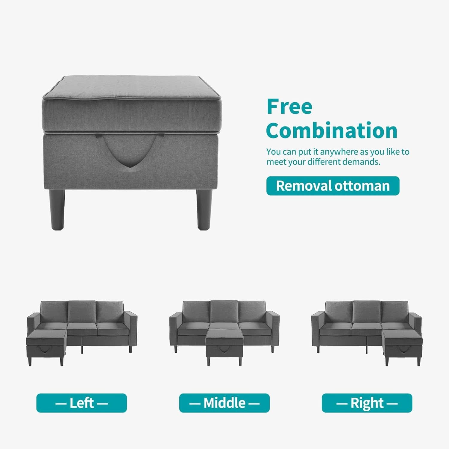 Sectional Sofa With Movable Storage Ottoman Dark Grey