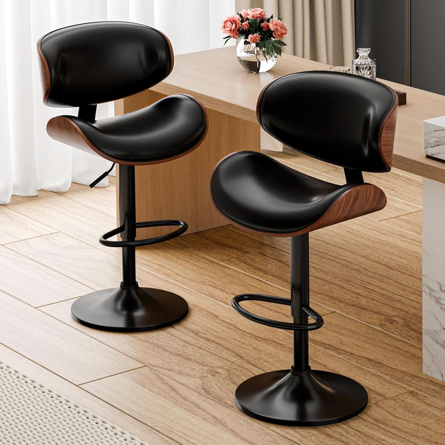Set Of 2 Adjustable Swivel Bar Stools For Kitchen Island Black