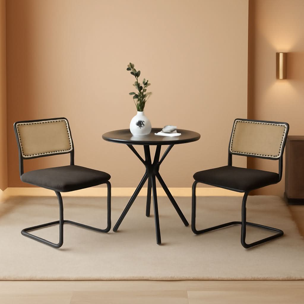 Set Of 2 Black Rattan Dining Chairs With Wood Frame