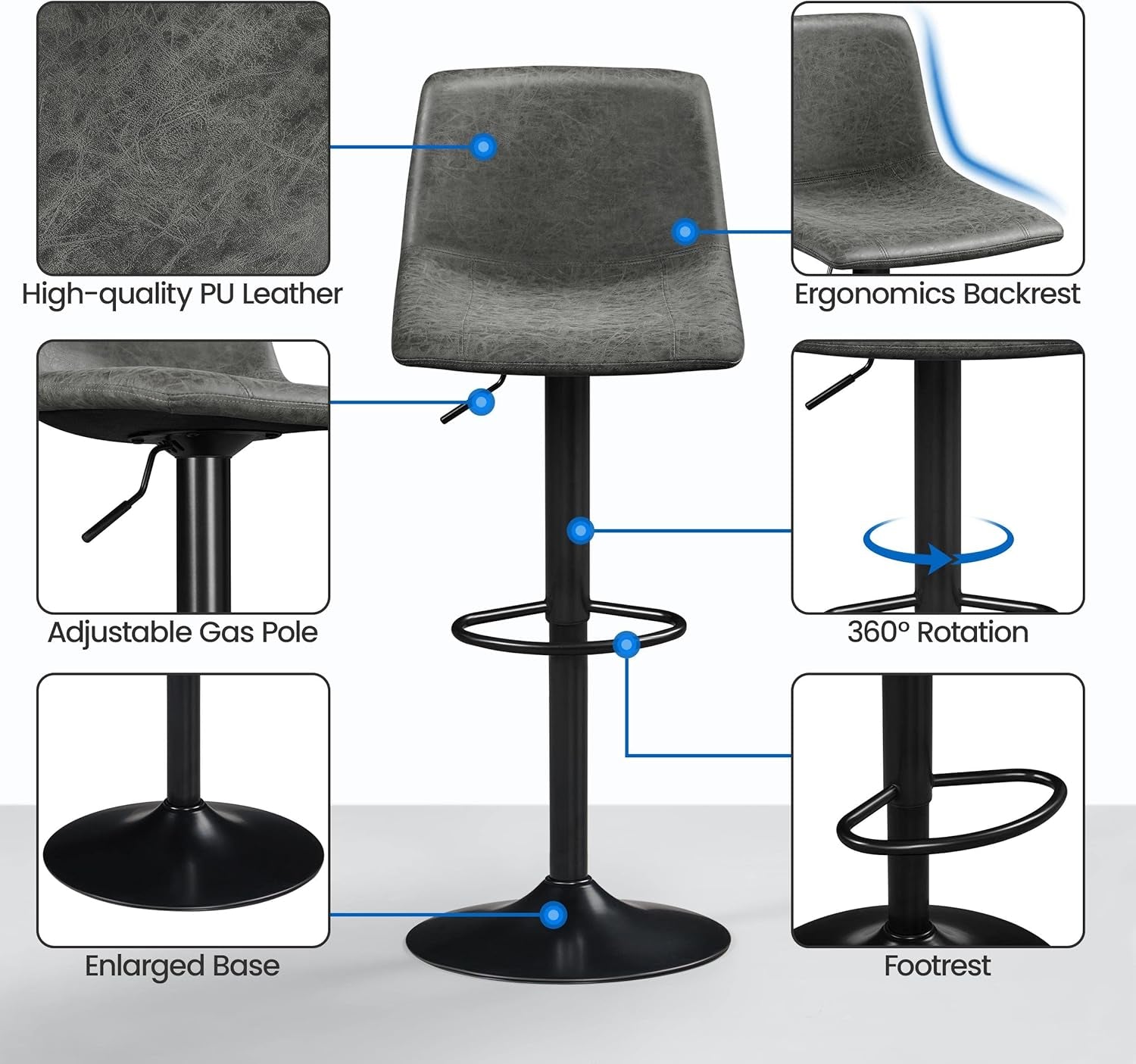 Set Of 2 Gray Adjustable Bar Stools With Back And Footrest