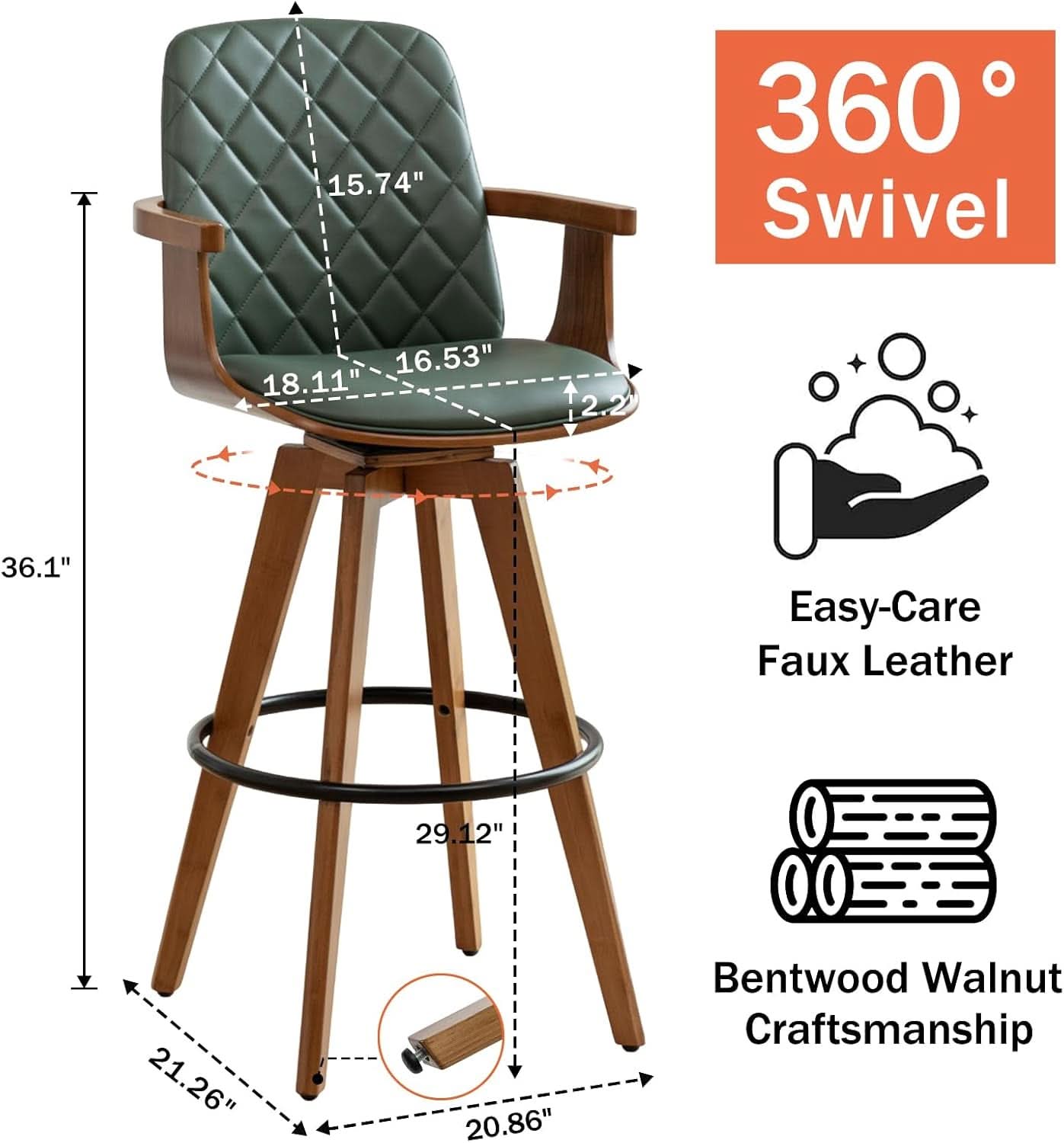Set Of 2 Green Swivel Bar Height Stools For Kitchen Island