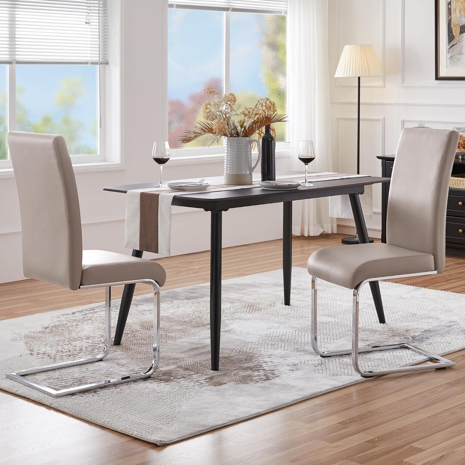 Set Of 2 Light Brown High Back Modern Dining Chairs