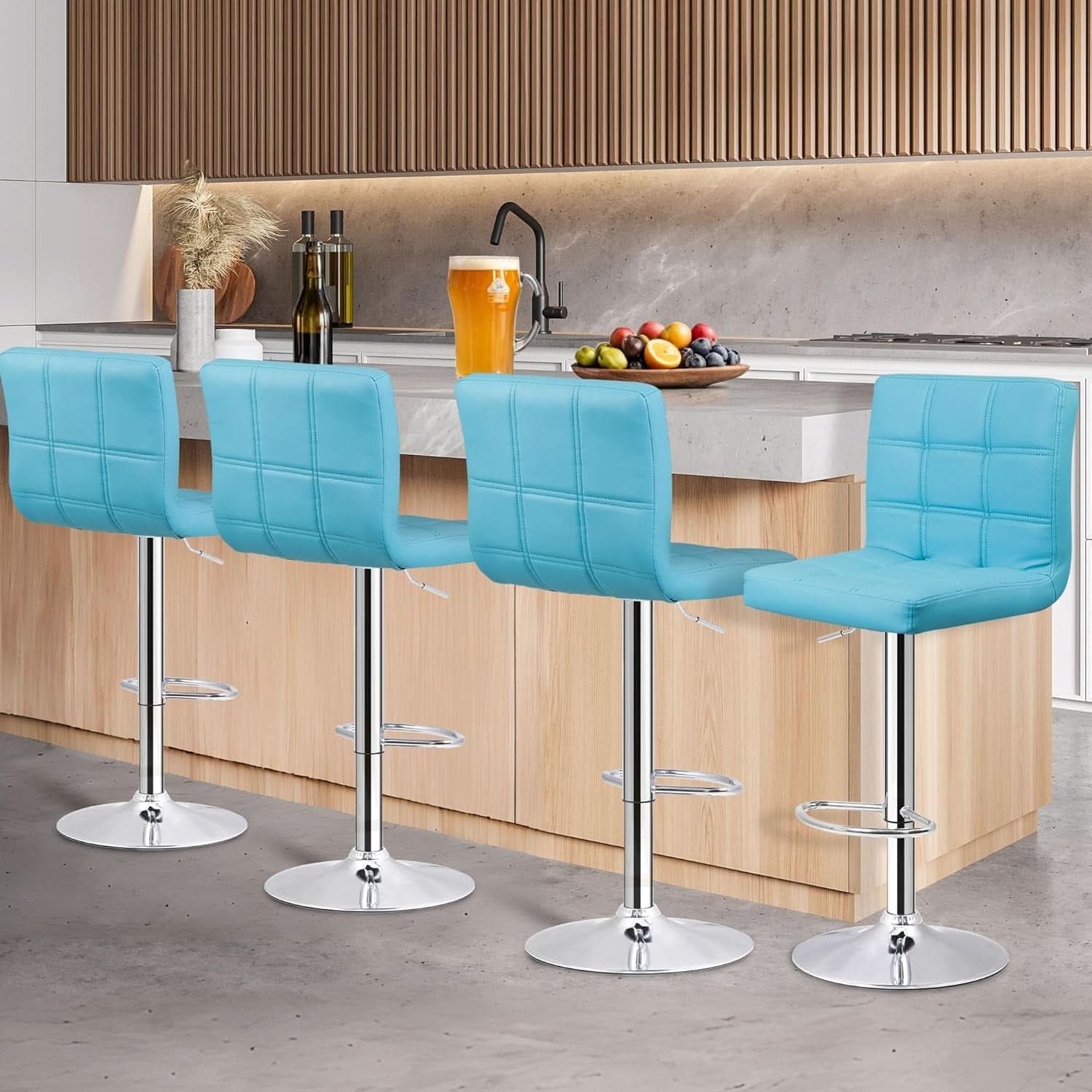 Set Of 4 Adjustable Swivel Bar Stools Blue PU Leather