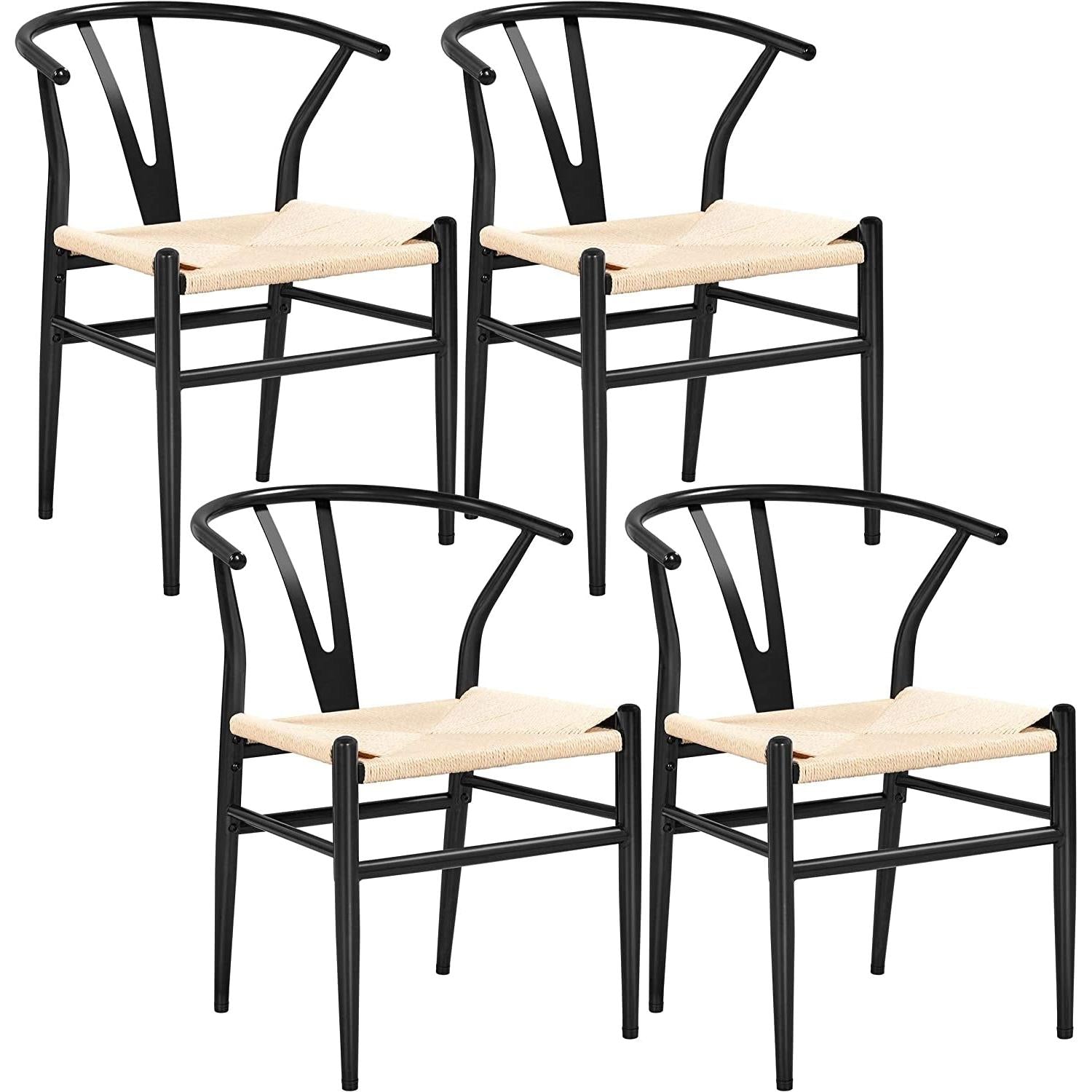 Set Of 4 Black Hemp Seat Mid Century Metal Dining Chairs