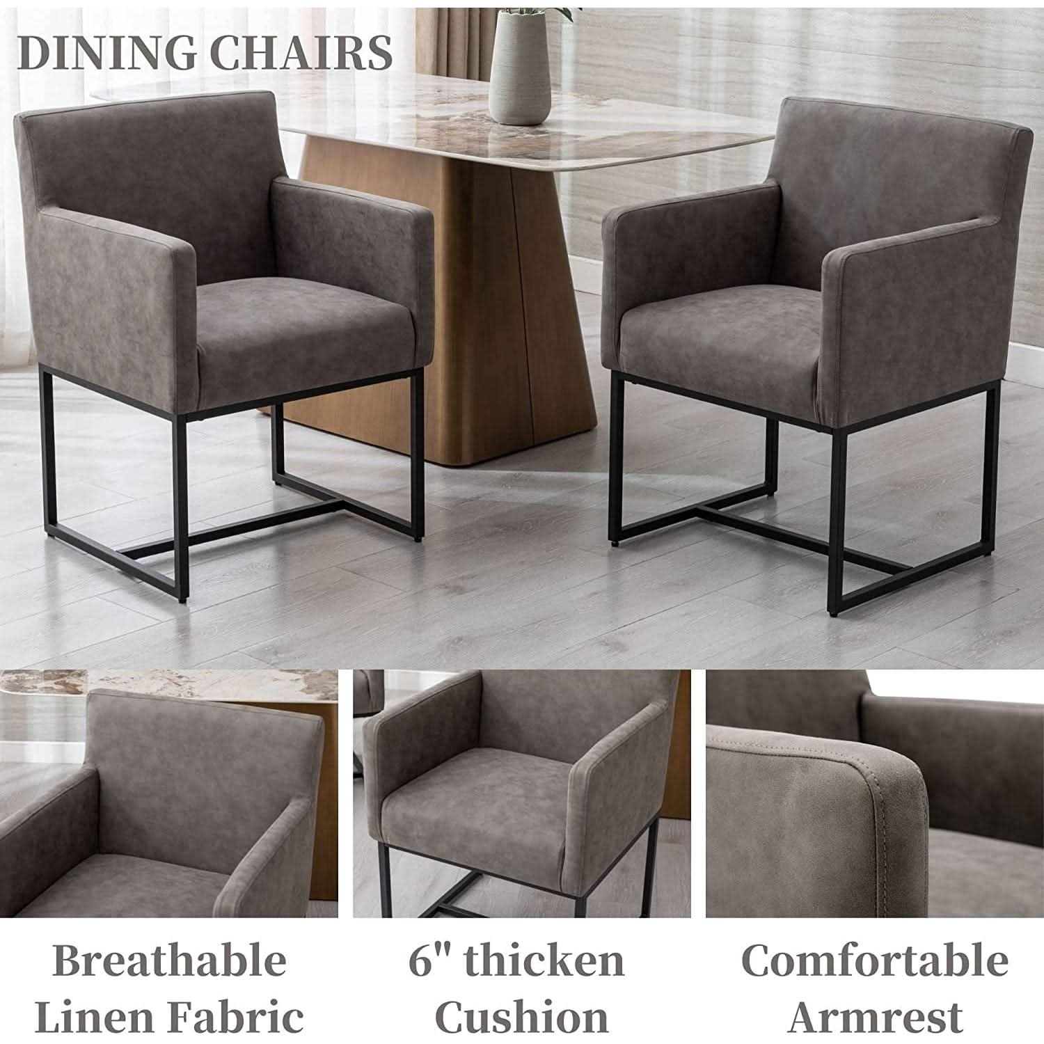 Set Of 4 Grey Upholstered Armchairs With Linen Fabric