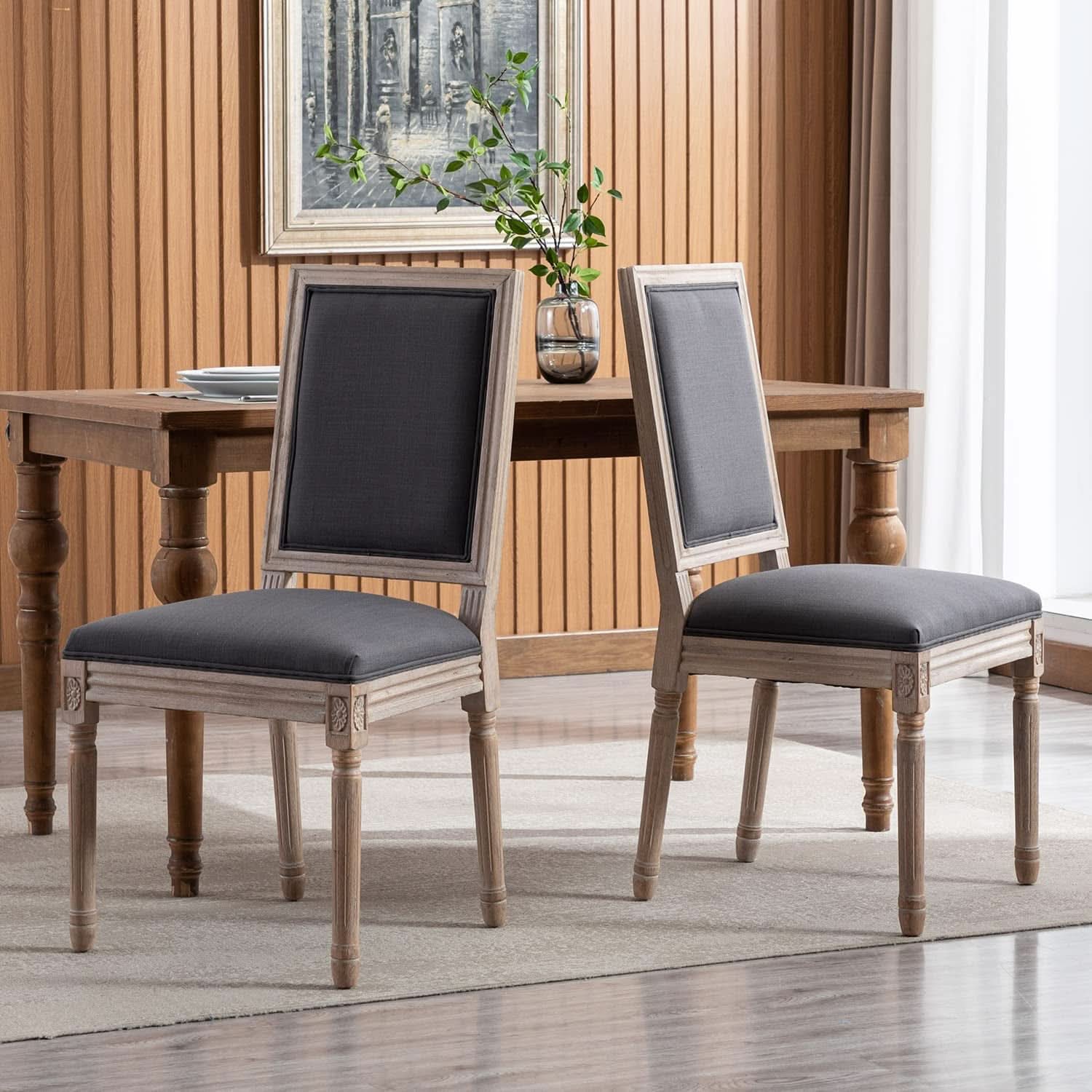 Set Of 6 French Country Farmhouse Oak Finish Upholstered Dining Chairs