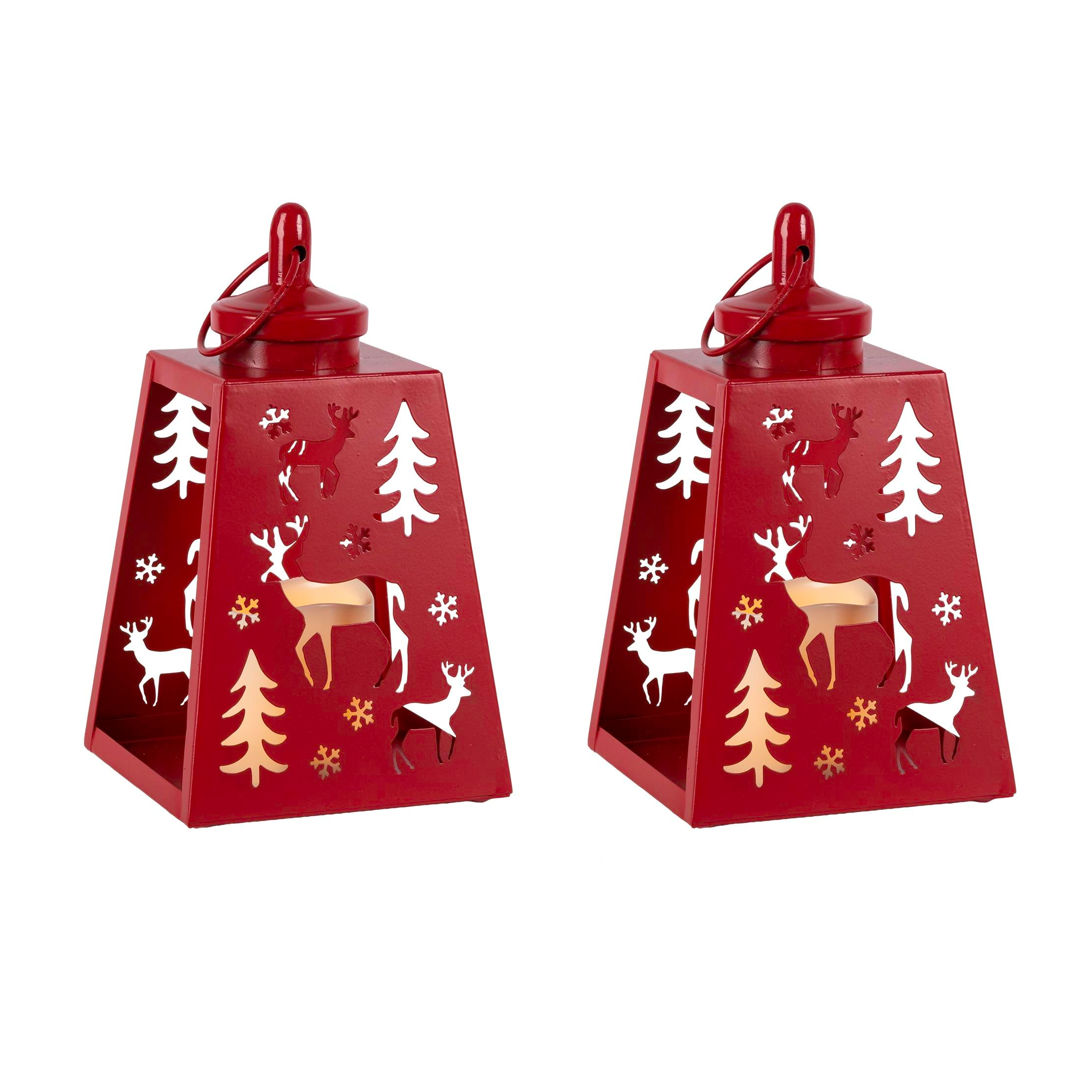 Set of 2 - Metal Lanterns with LED Candle - Red