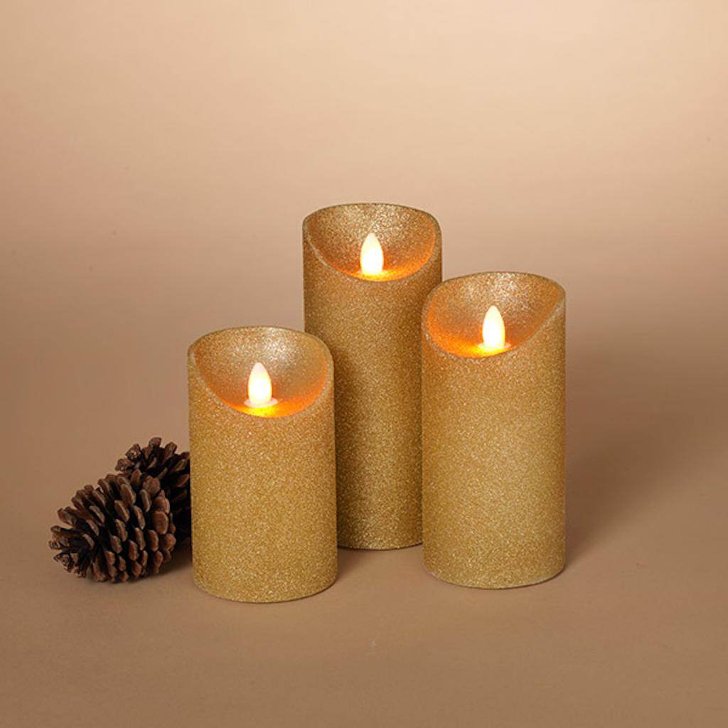 Set of 3 Wax Aurora Flame LED Candles with Gold Glitter Finish