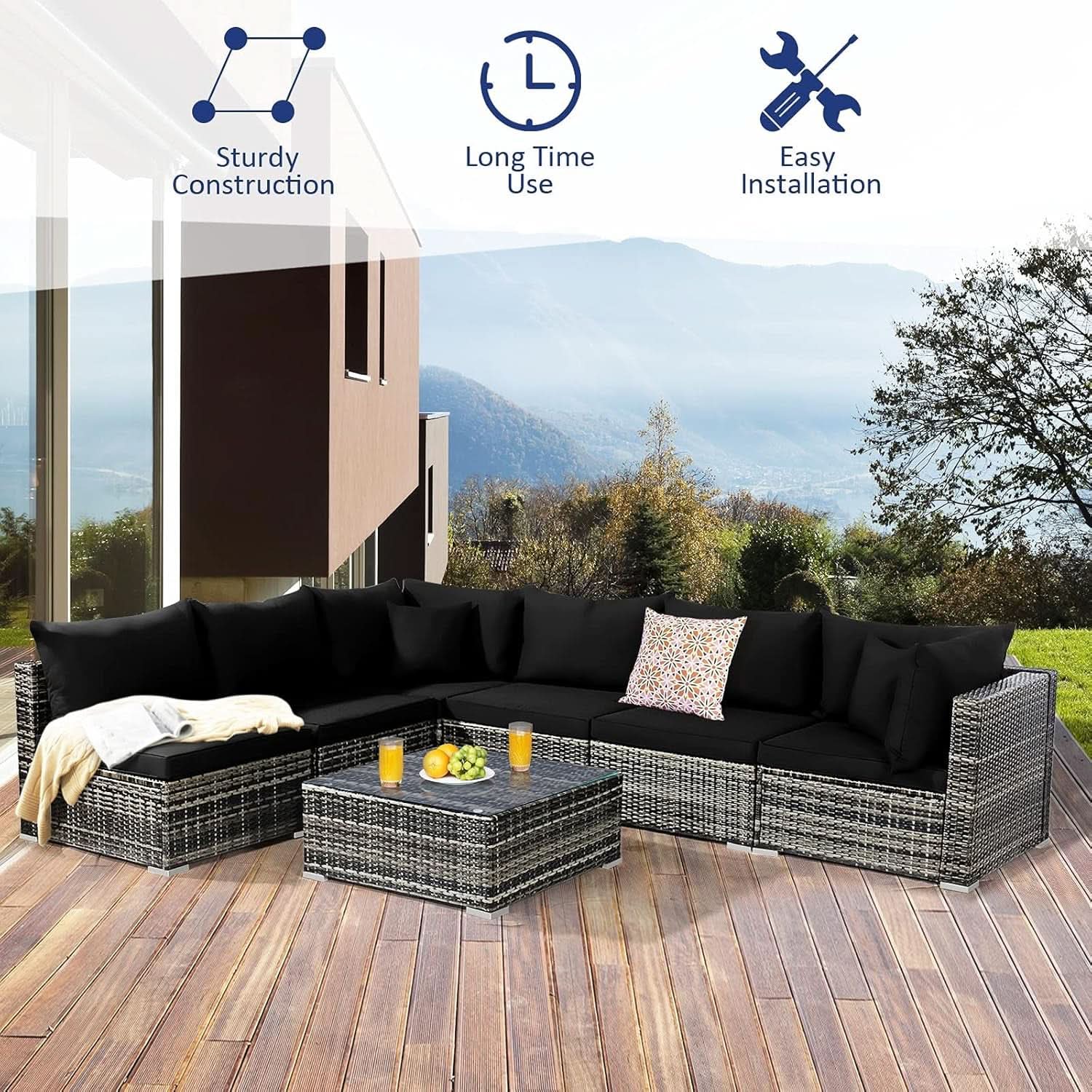 Seven Piece Outdoor Rattan Furniture Set with Cushions