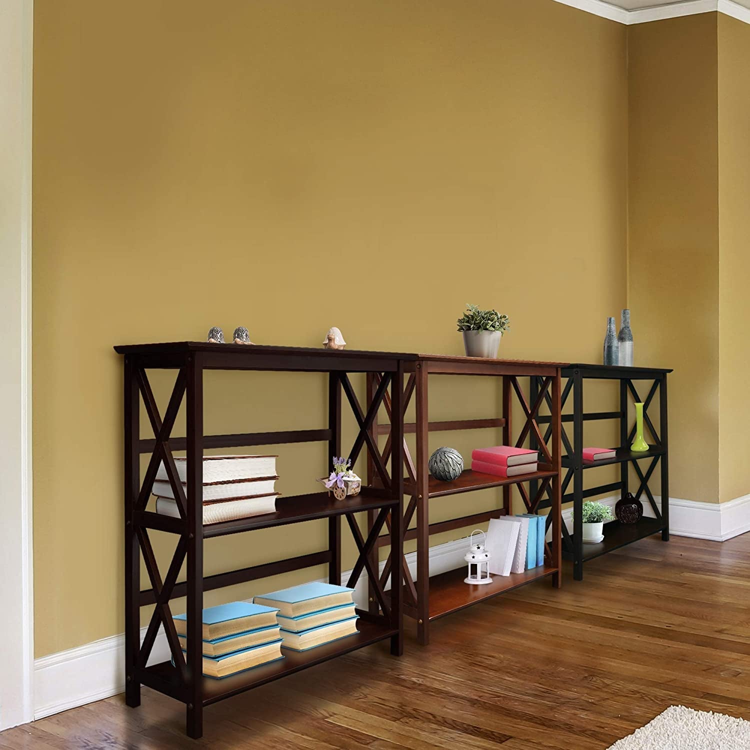 Shelf Bookcase With X Design Three Shelf Storage For Books
