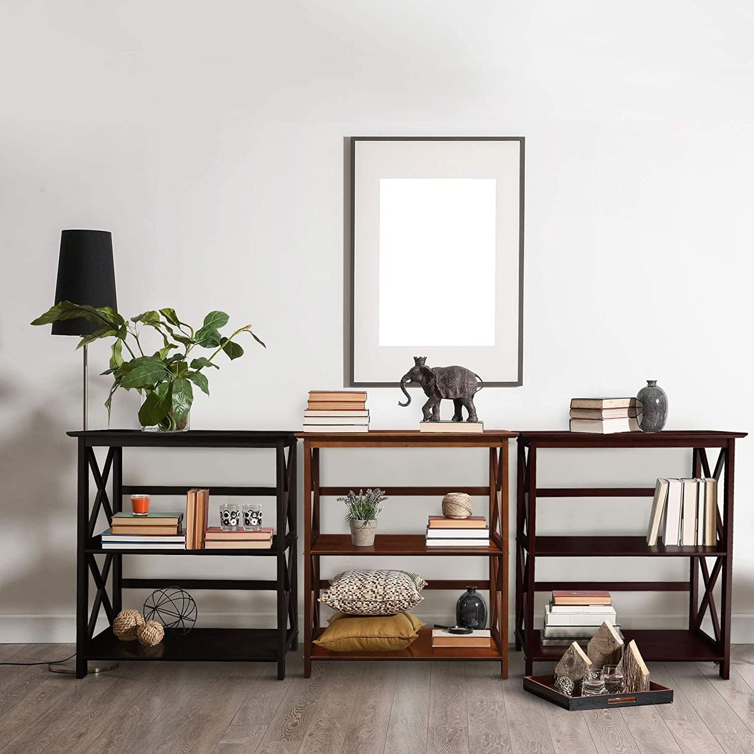 Shelf Bookcase With X Design Three Shelf Storage For Books