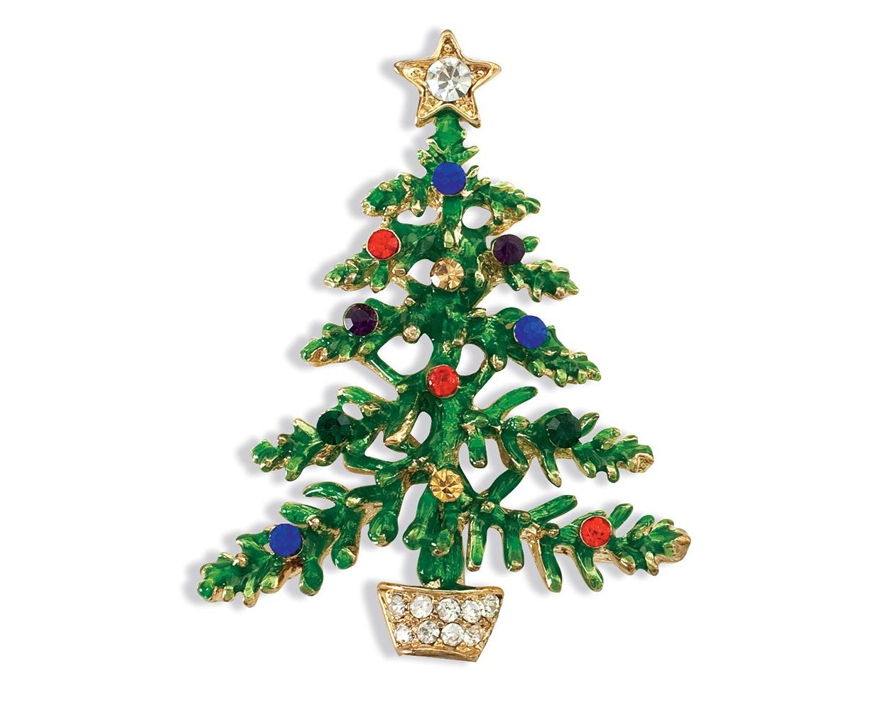Shimmering Green Enamel Tree with Sparkling Crystals Pin