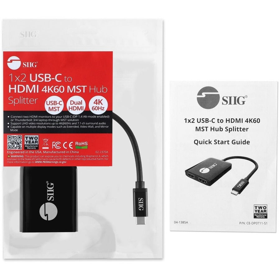 Siig 1X2 Usb-C To Hdmi 4K60 Mst Hub Splitter