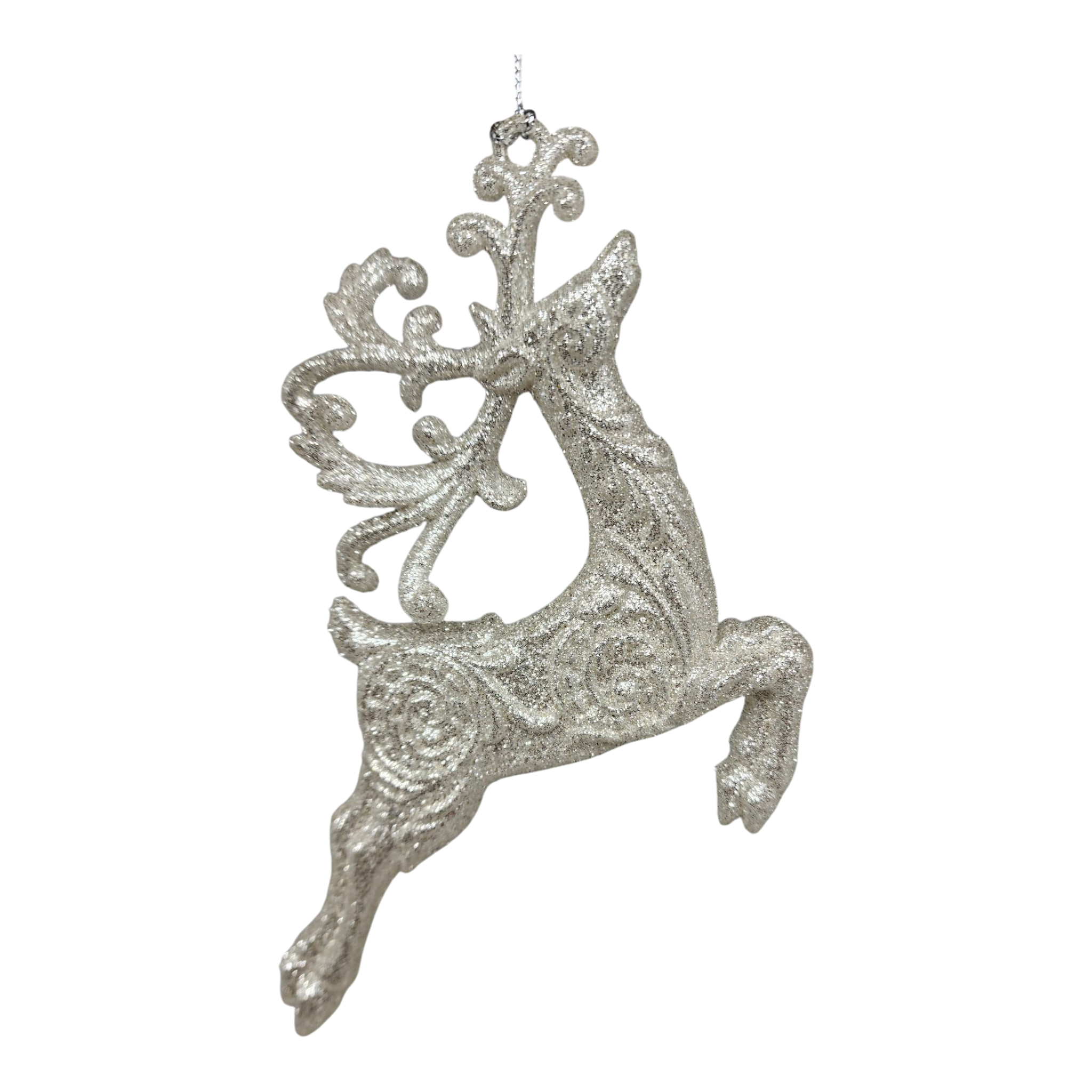 Silver Glittered Reindeer Ornament - Leaping