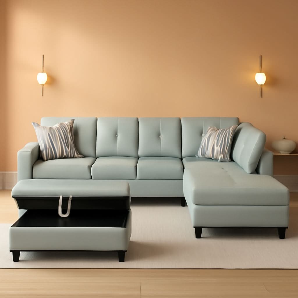 Silver Green L Shaped Sofa Set With Storage Ottoman 3 Piece