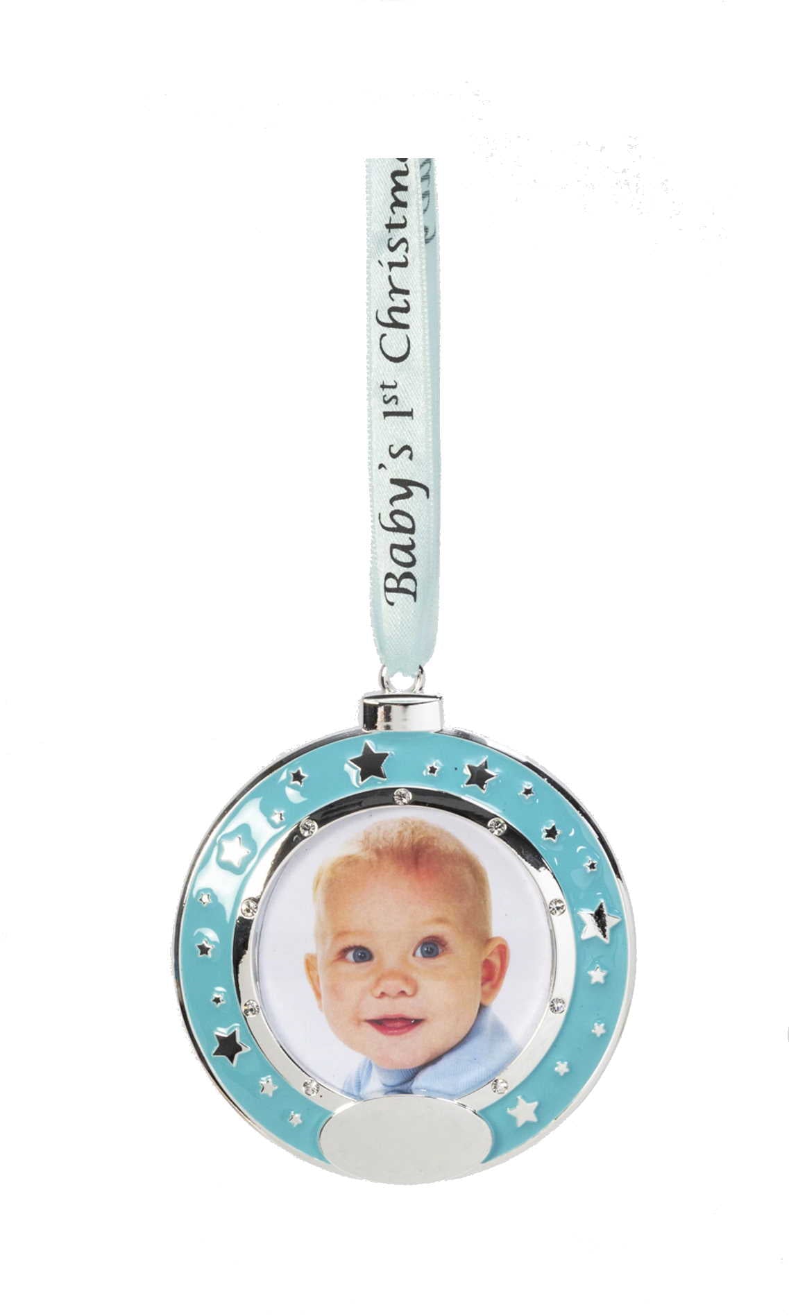 Silver Plated Baby Ornament - Round Blue Picture Frame