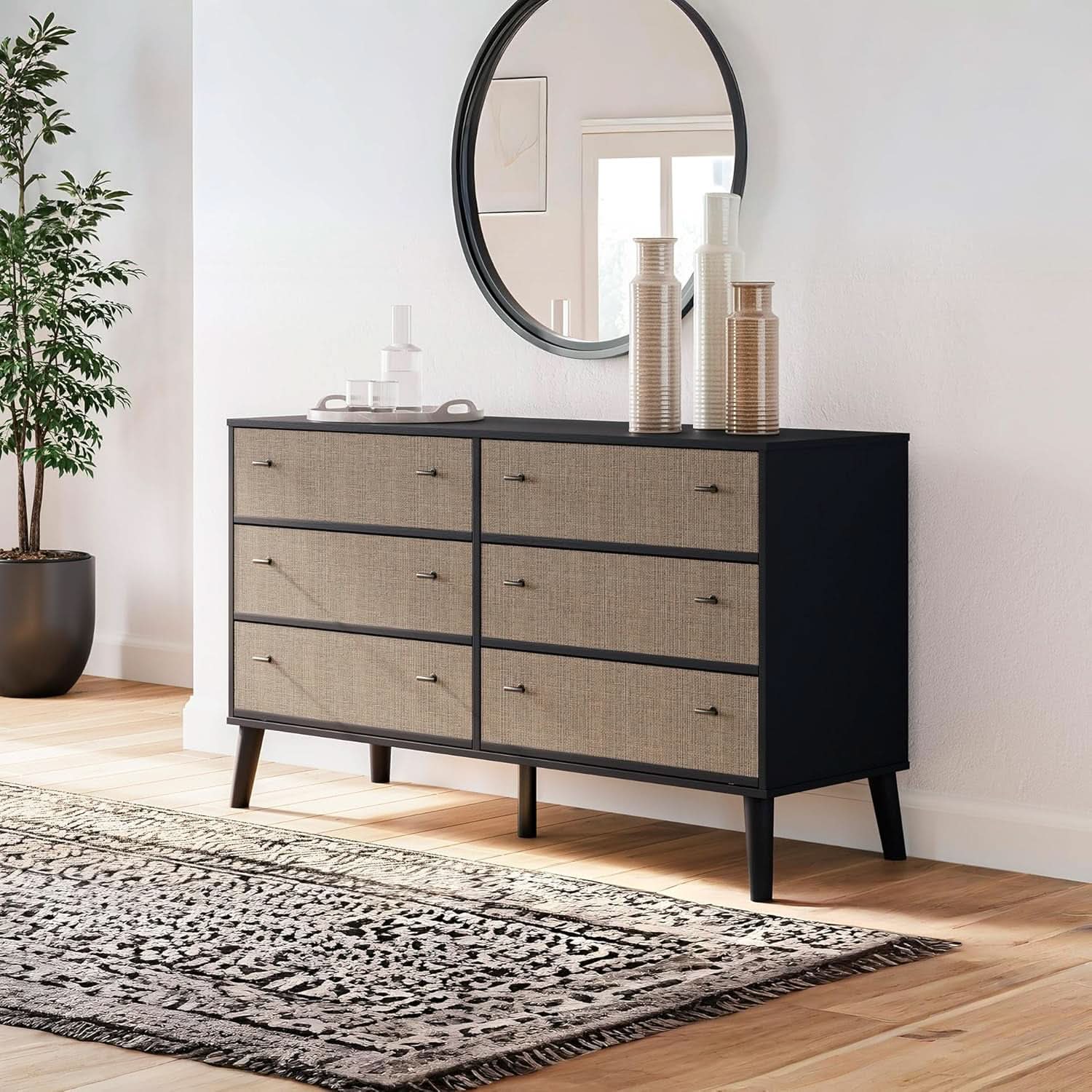 Six Drawer Dresser In Two Tone Black And Light Brown