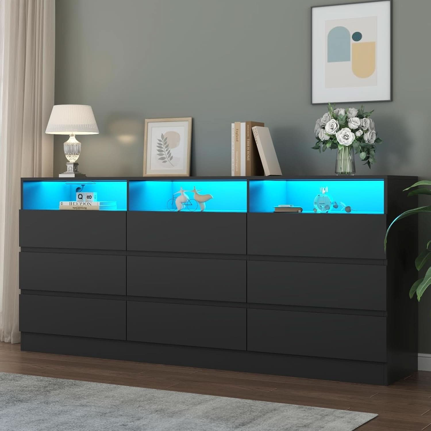 Six Drawer LED Dresser With USB Charging Ports For Bedroom