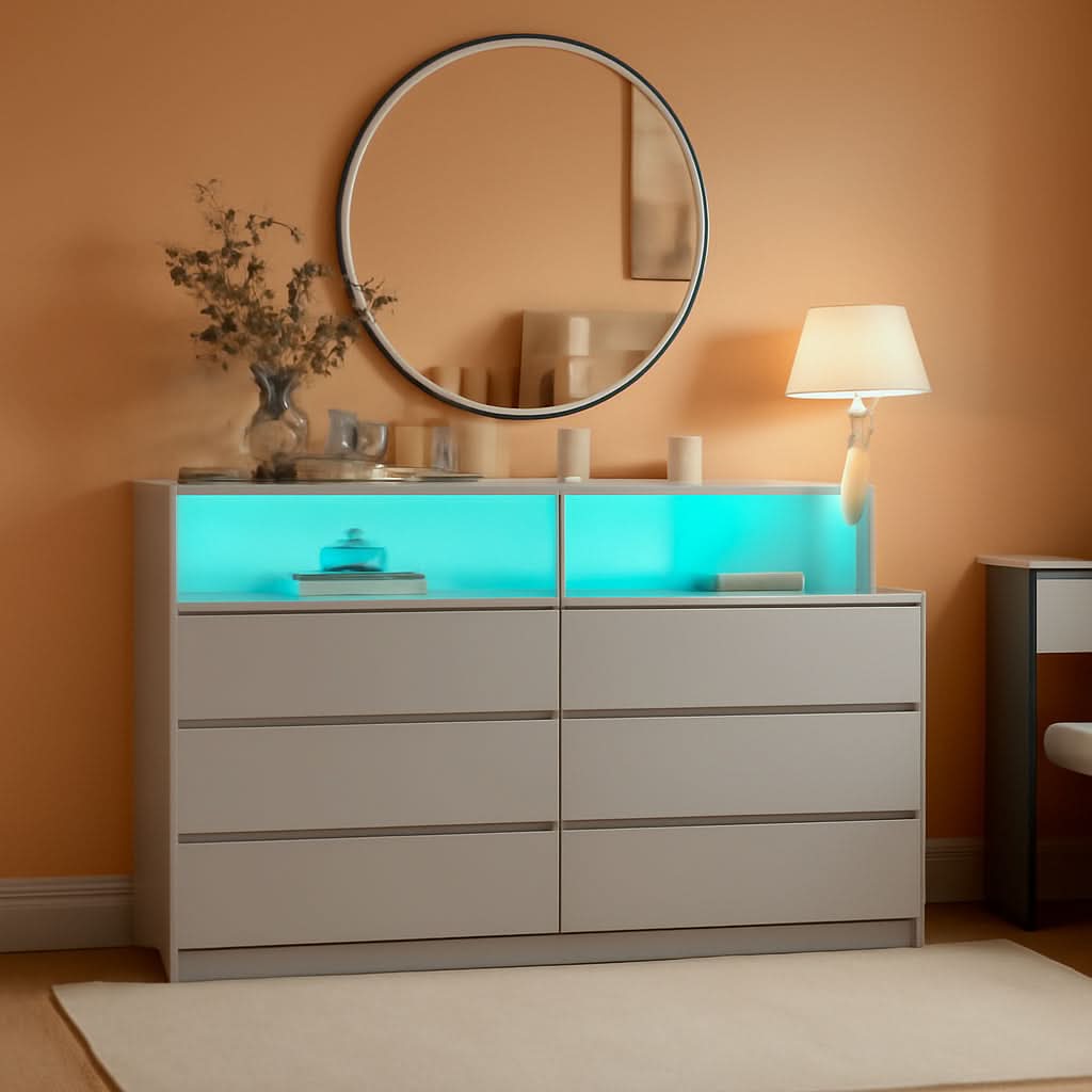 Six Drawer LED Dresser With USB Charging Ports For Bedroom