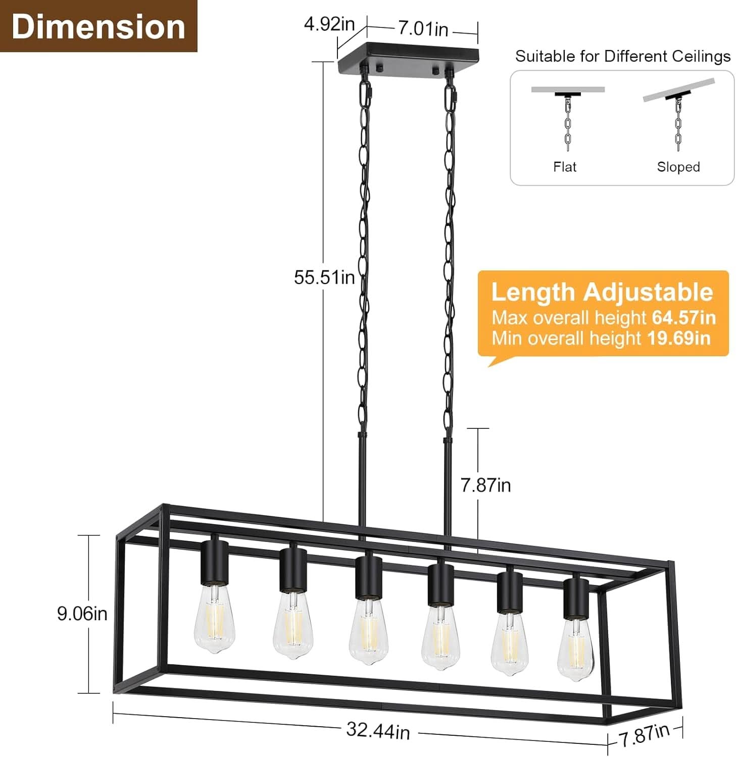 Six Light Black Linear Chandelier With Adjustable Height