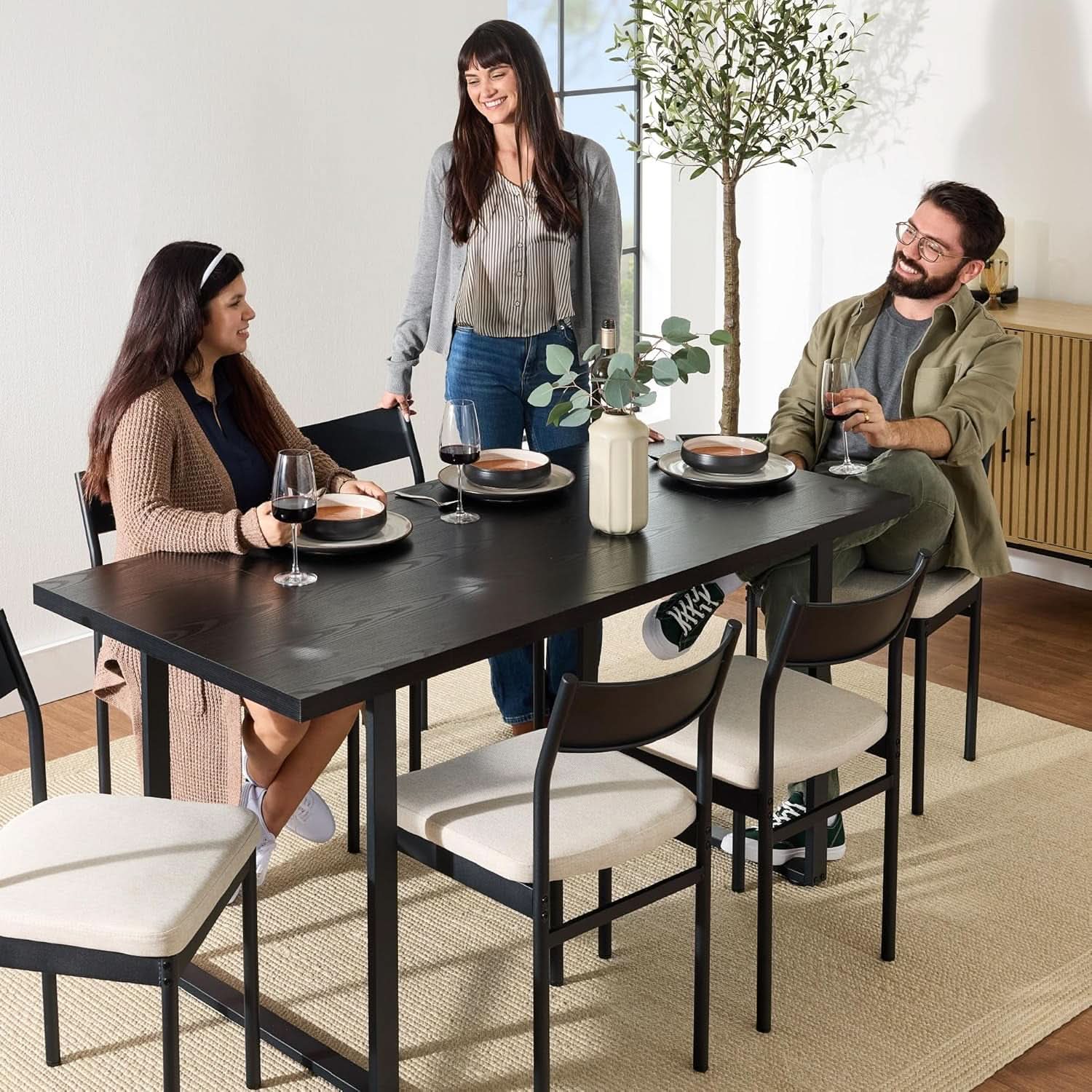 Six Seat Contemporary Dining Set Black Upholstered