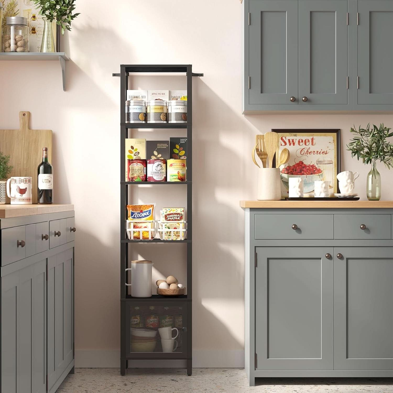 Six Tier Narrow Bookshelf With Door Black For Small Spaces