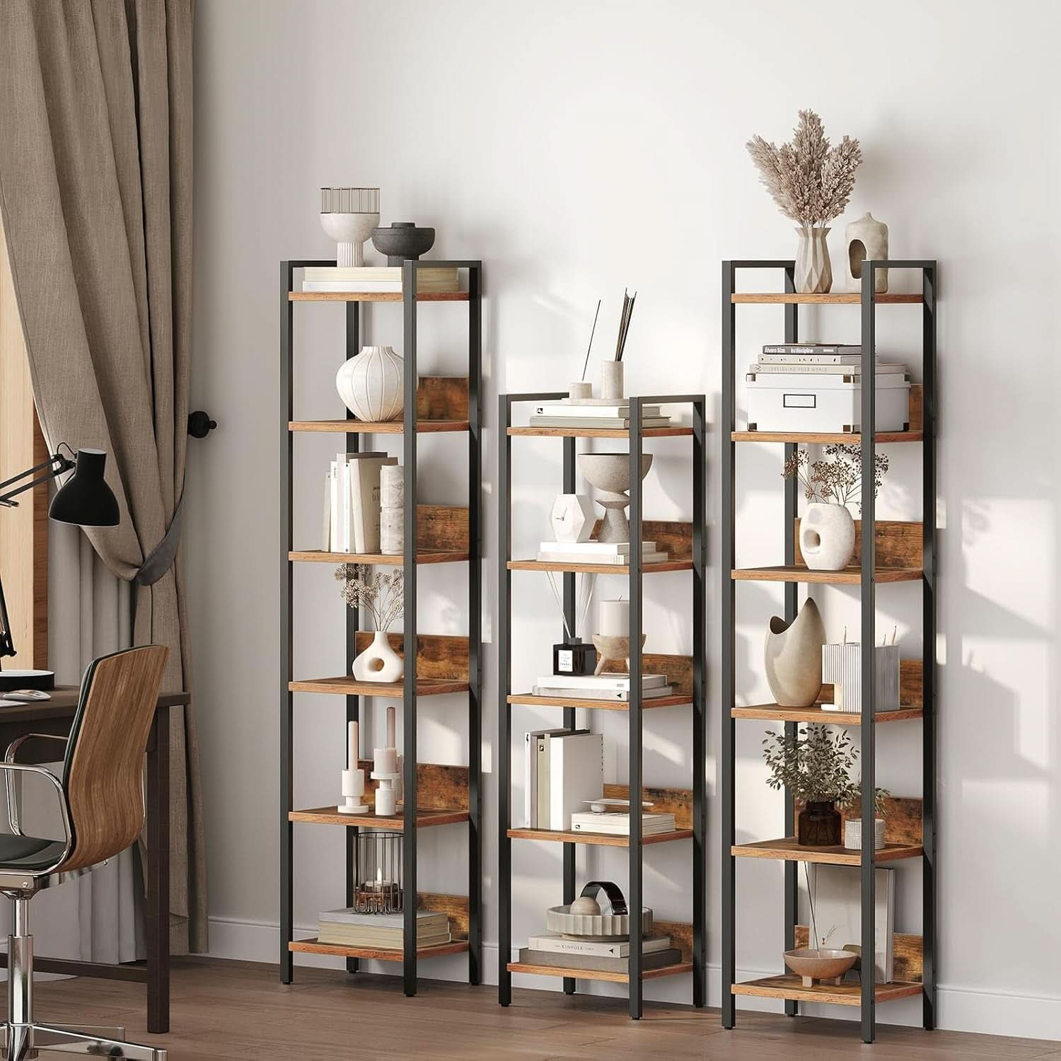 Six Tier Standing Bookcase In Rustic Brown And Black For Small Spaces