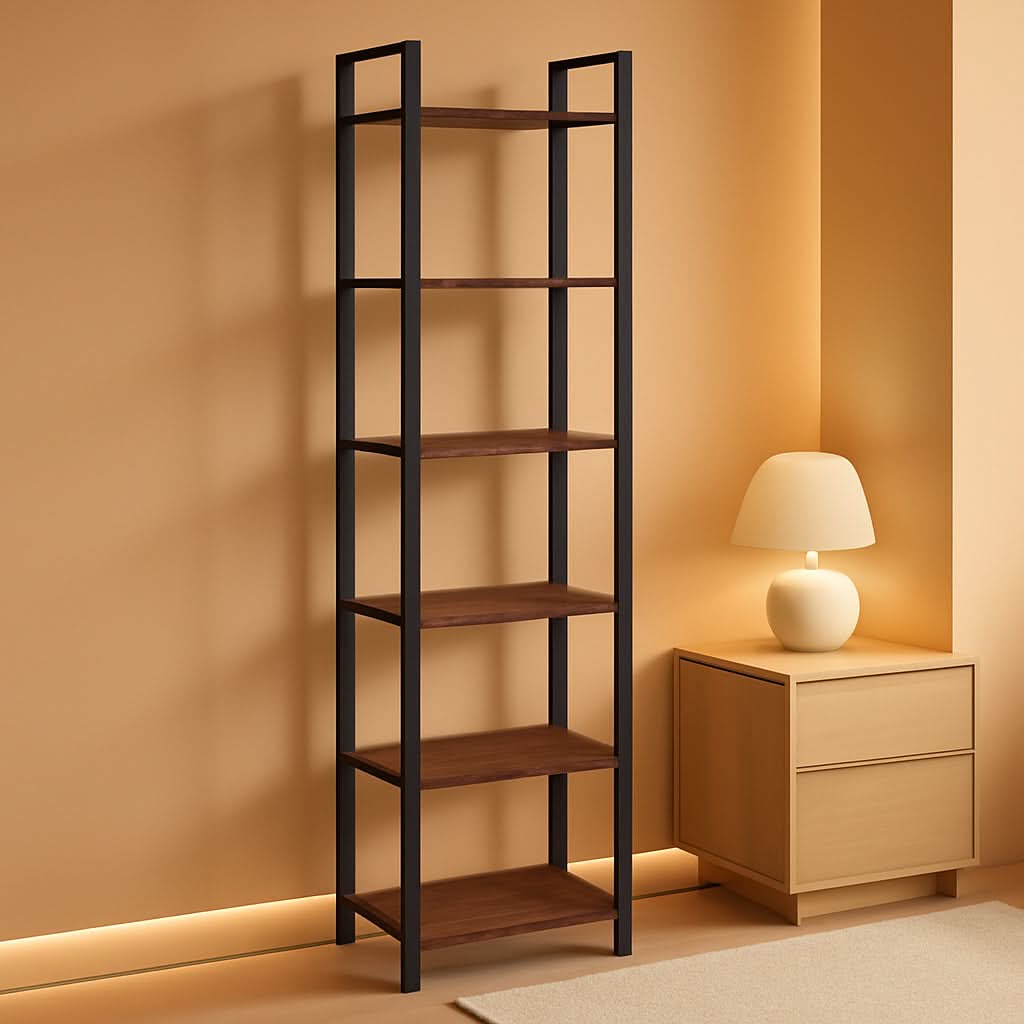 Six Tier Standing Bookcase In Rustic Brown And Black For Small Spaces