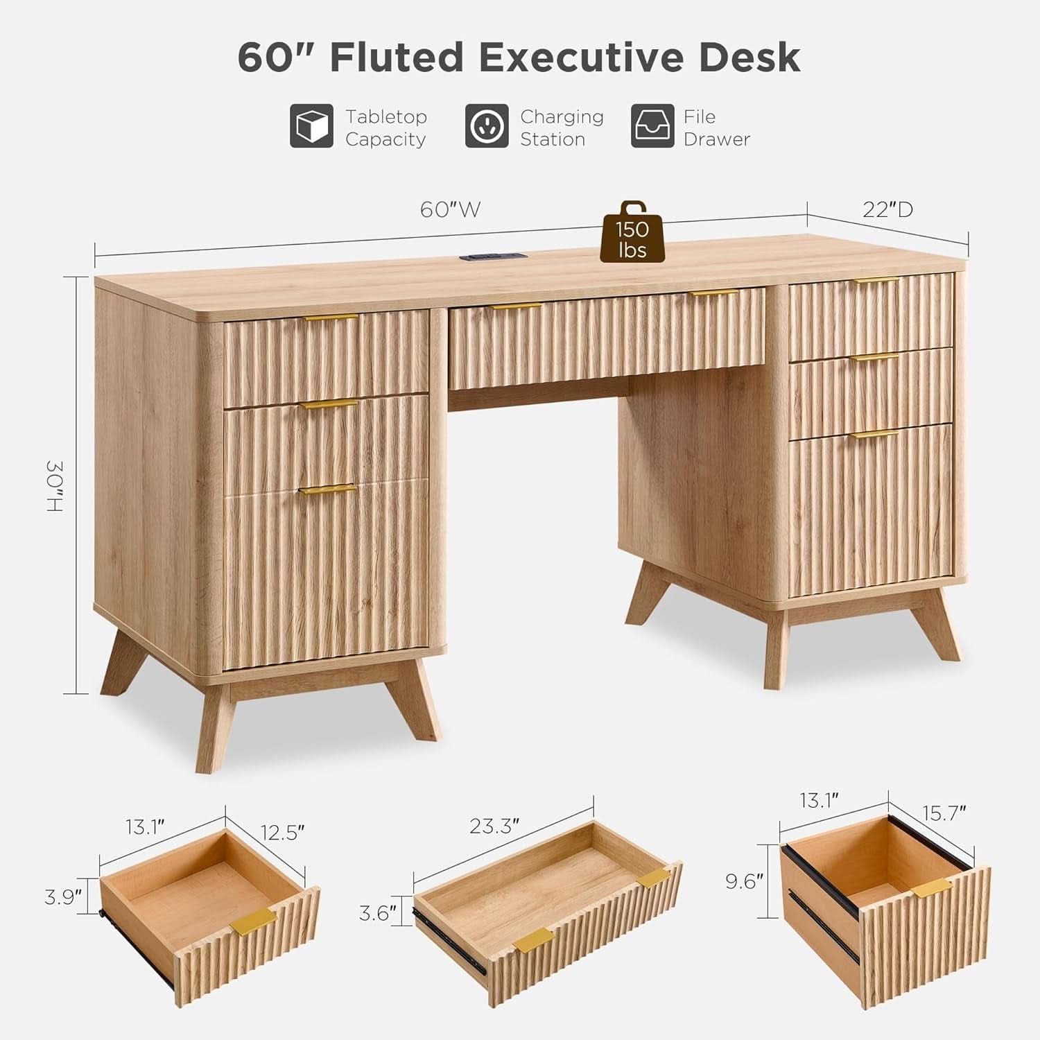 Sixty Inch Fluted Desk With Charging Station Included